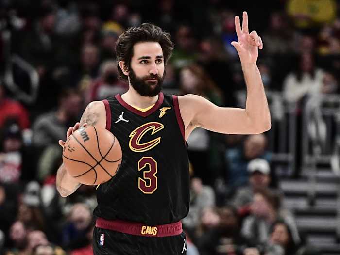 Dec 18, 2021; Milwaukee, Wisconsin, USA; Cleveland Cavaliers guard Ricky Rubio (3) calls a play in the third quarter during the game against the Milwaukee Bucks at Fiserv Forum. Mandatory Credit: Benny Sieu-USA TODAY Sports